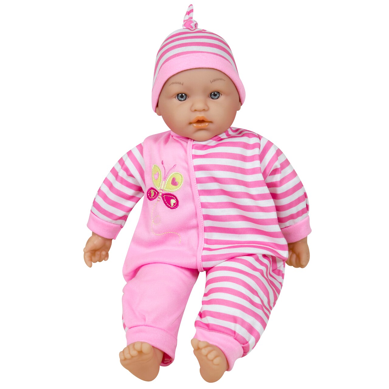 Lissi: 16" Talking Baby Doll - Pink & White Striped Butterfly Onesie, Matching Hat, 24 Interactive Sounds, Soft Body, Roleplay Toy, Kids-Toddlers 2+